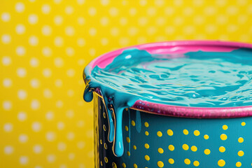 Aufkleber - Overflowing teal paint in a polka-dotted pink and teal paint can against a yellow background.