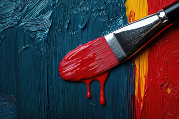 Aufkleber - A paintbrush laden with vibrant red paint rests on a canvas of teal, red, and yellow strokes.