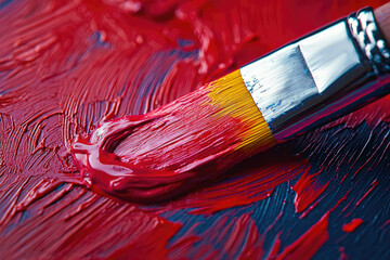 Aufkleber - A paintbrush loaded with vibrant red paint creates dynamic strokes on a dark canvas.