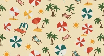 Summer Beach Pattern Design - A cheerful summer beach pattern featuring beach umbrellas, lounge chairs, palm trees, and sunshine. Perfect for textiles, websites, or any summer-themed project