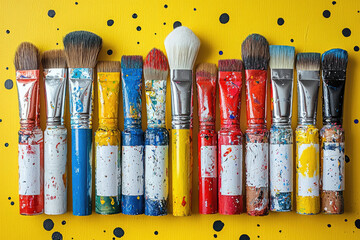 Aufkleber - A row of colorful paintbrushes with dried paint, arranged on a yellow background.
