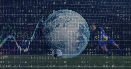 Poster - Goalkeeper saving soccer ball with earth and data processing animation overlay