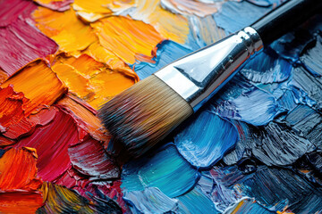 Aufkleber - A paintbrush rests on a vibrant palette of oil paints, showcasing rich textures and colors.
