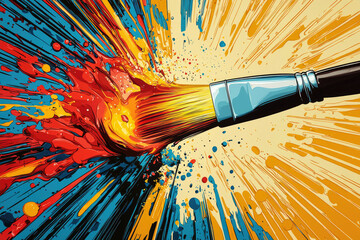 Poster - A paintbrush explodes with vibrant colors, creating a dynamic and energetic burst of artistic expression.