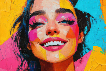 Poster - A vibrant portrait of a smiling woman, painted in bold strokes of pink, yellow, and blue.