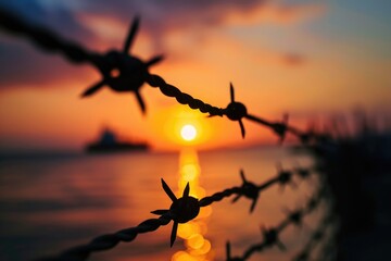 Wall Mural - silhouette of barbed wire against a vibrant sunset over calm water.