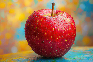 Poster - A juicy red apple with water droplets, sitting on a colorful surface.