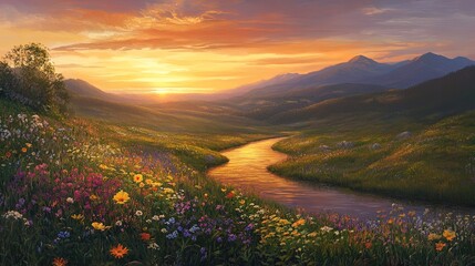 Wall Mural - A breathtaking landscape showcasing a vibrant river meandering through a lush valley adorned with a variety of wildflowers. The foreground features a colorful array of blossoms, while the background r