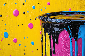 Aufkleber - Dripping black paint from a can against a vibrant yellow background splashed with pink, blue, and black paint droplets.