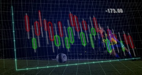 Poster - Animation overlay with red and green data graph, soccer ball approaching net