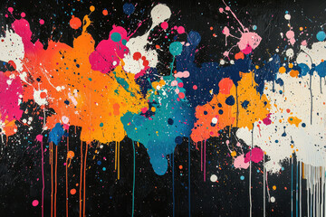 Poster - Vibrant explosion of colorful paint splatters on a dark background, creating a dynamic and energetic artwork.