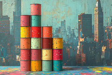 Poster - Colorful paint cans stacked like a cityscape, creating a vibrant and artistic scene.