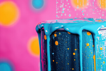 Aufkleber - Overflowing teal paint drips from a can onto a vibrant pink background with yellow bokeh.