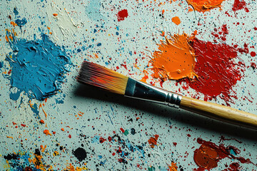 Poster - Paintbrush rests on a canvas splattered with vibrant blue, orange, and red paint creating an abstract masterpiece.