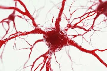 Aufkleber - Bright red neural cell structure isolated on white background, symbolizing biology, neuroscience, brain activity, medical science, and cellular anatomy, Generative AI