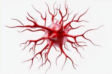 Aufkleber - Bright red neural cell structure isolated on white background, symbolizing biology, neuroscience, brain activity, medical science, and cellular anatomy, Generative AI