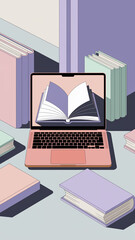 Laptop screen displays open book, surrounded by physical books, illustrating online reading and digital access to literature, showcasing convenience and modern learning