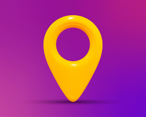 Fototapete - 3d yellow map location pointer. Pin code icon of the geolocation map. Stock vector illustration on neon isolated background.	