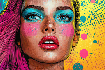Poster - A vibrant pop art portrait of a woman with bright pink hair, bold makeup, and a colorful background.
