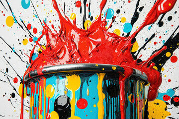 Poster - Vibrant red paint explodes from a bucket, splashing colorful patterns on a white background.
