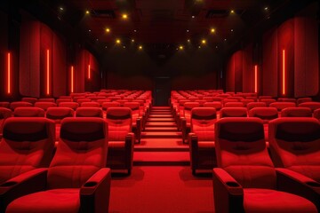 Wall Mural - Empty red cinema seats in a dark theater, awaiting viewers for a movie screening.