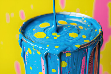 Poster - Vibrant blue paint pouring into a container, creating a mesmerizing swirl with yellow droplets.