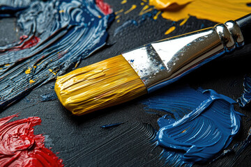 Aufkleber - A paintbrush rests on a palette with vibrant yellow, blue, and red oil paint strokes.