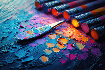 Aufkleber - Vibrant oil paints on a palette, a palette knife rests atop, showcasing the artist's creative process.