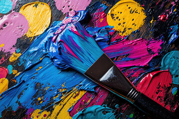 Poster - A paintbrush laden with vibrant blue, pink, and yellow acrylics rests on a canvas of bold, expressive strokes.