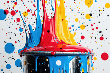 Poster - Vibrant CMYK paint splashes explode from a metal bucket, creating a dynamic and colorful artwork.