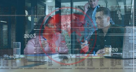 Poster - Discussing digital data and world map animation, business team at table in office