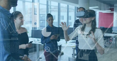 Poster - In modern office, animation of data analytics with virtual reality headset demo