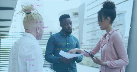 Poster - In office, diverse professionals discussing documents with animation coding overlay