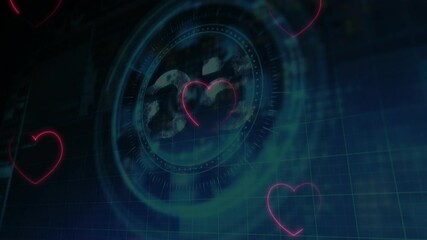 Poster - Animation of digital globe with glowing pink hearts and circular interface elements