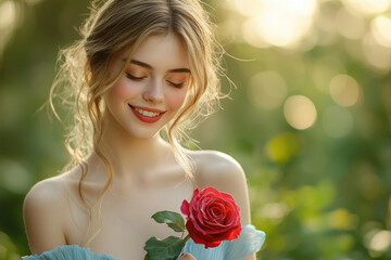 Poster - A young woman with blonde hair and a gentle smile holds a single red rose in a sunlit garden.