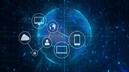 Poster - digital network icons connecting glowing globe in futuristic technology animation