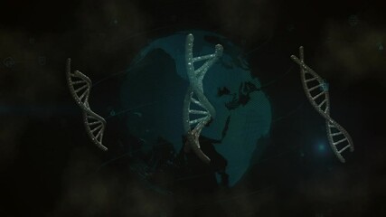 Poster - animation of dna strands encircling digital globe, showcasing global genetic research