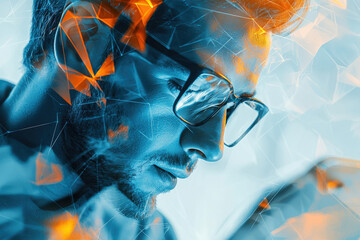 Poster - A man with glasses, contemplative expression, overlaid with abstract network design, representing digital innovation and connection.