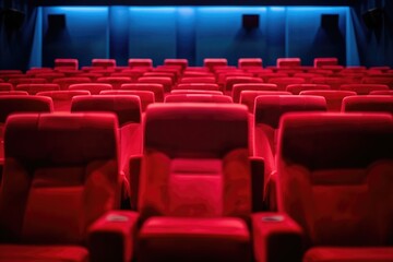 Wall Mural - Empty red cinema seats in a dark theater, ready for moviegoers.