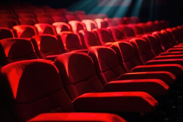 Wall Mural - Rows of empty red cinema seats bathed in soft light, anticipating an audience.