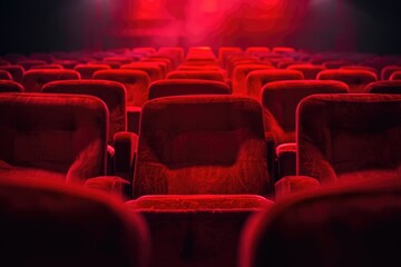 Wall Mural - Empty red velvet cinema seats in a dark theater, awaiting an audience.