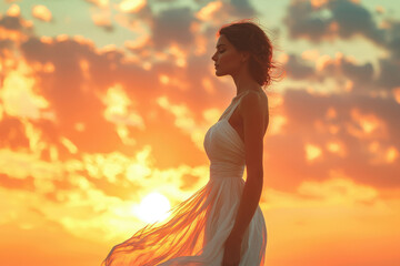 Poster - Silhouette of a woman in a white dress, standing against a vibrant sunset, peaceful and serene.