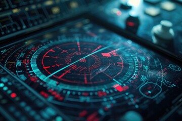 Poster - Close-up of a futuristic digital interface displaying complex data and navigational elements.
