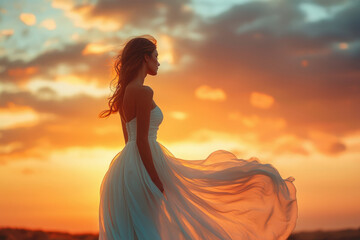 Poster - Silhouette of a woman in a flowing white dress against a vibrant sunset, serene and beautiful.