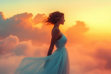 Poster - A woman in a flowing dress stands silhouetted against a vibrant sunset, hair blowing gently in the breeze.