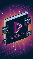 Aufkleber - Isometric illustration of a webinar website interface with a neon play button, symbolizing online learning, digital education, and virtual events