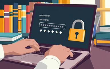 Poster - Digital Security Measures: A person's hands typing on a laptop screen, with a digital padlock indicating online protection of user name and password over the computer and books in background.
