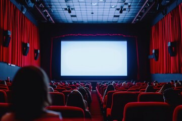 Wall Mural - A movie theater with a blank screen and red seats filled with an audience watching a film.