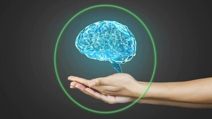 Poster - Holding glowing brain hologram, hand inside green circle on dark background