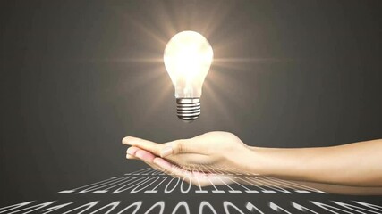 Poster - Holding glowing light bulb over binary code, symbolizing innovation and technology